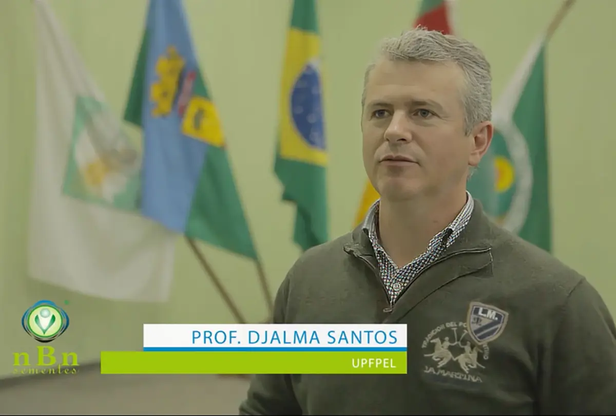 Prof. Djalma Santos, da UFPel, falando em pé diante de bandeiras do Brasil e do Rio Grande do Sul; no canto, a marca da NBN Sementes